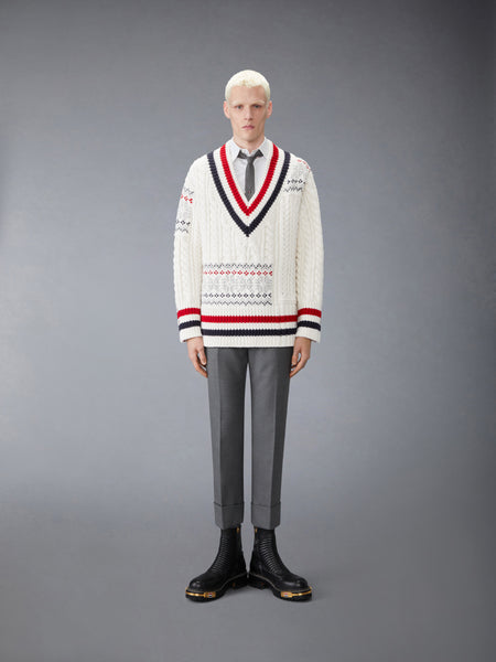 MERINO WOOL FAIR ISLE CRICKET PULLOVER WHITE
