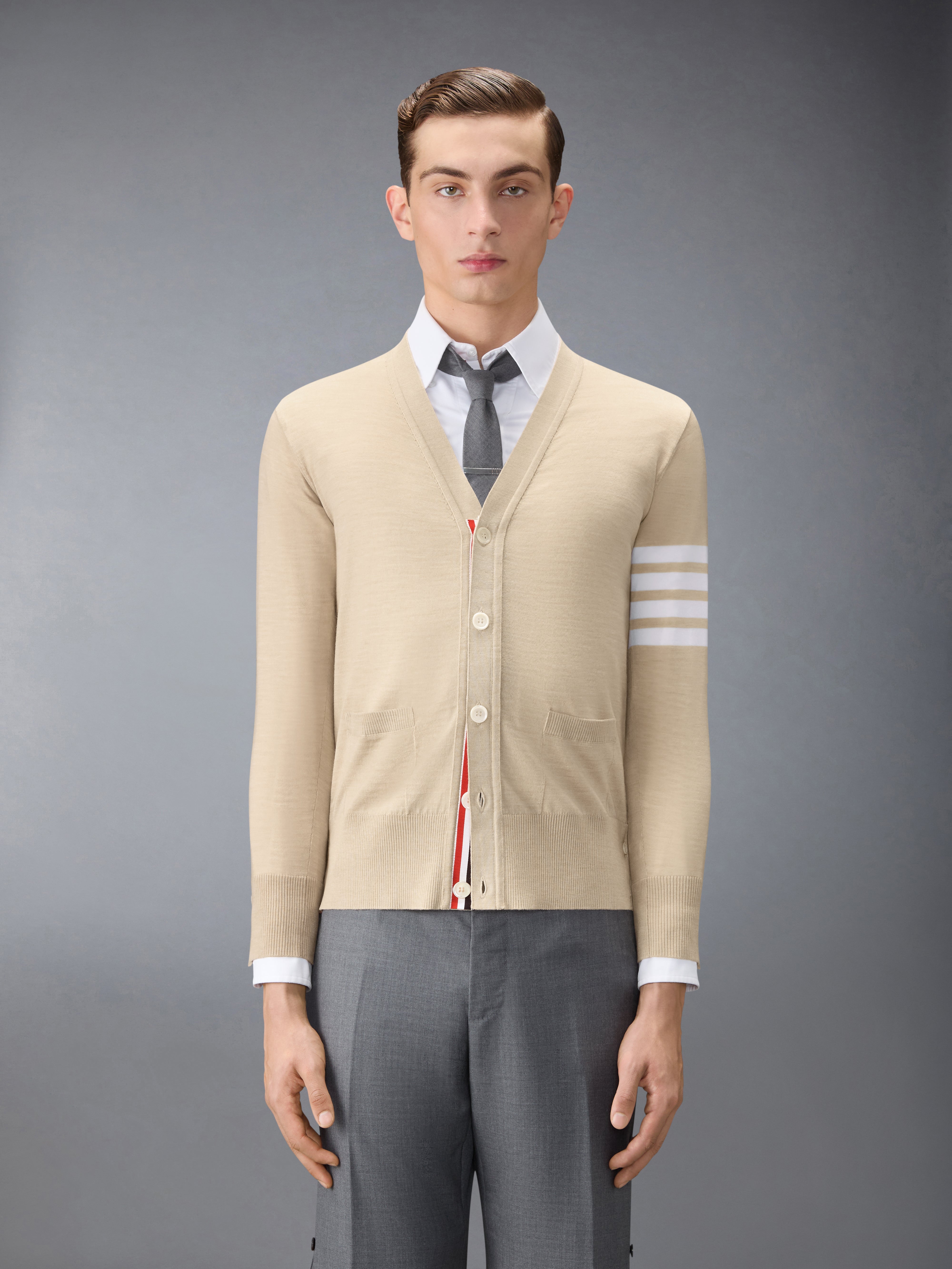 THOM BROWNEカーディガントムブラウンホワイトサイズ2 ゴールデンサイズ メリノウール 4-BAR クラシック カーディガン | Thom Browne