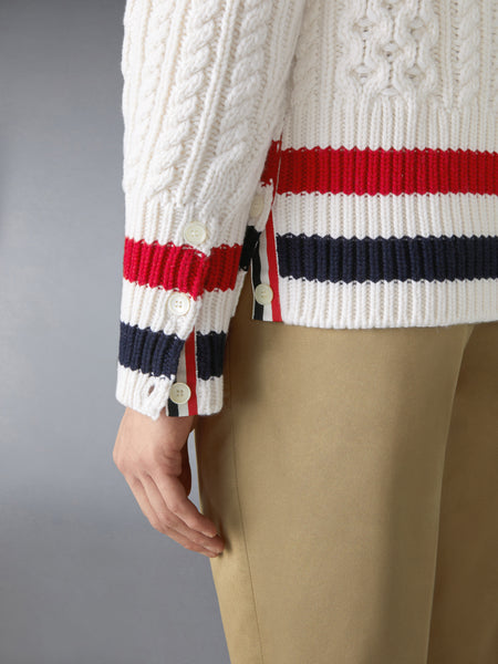 ARAN CABLE CASHMERE RWB STRIPE CARDIGAN