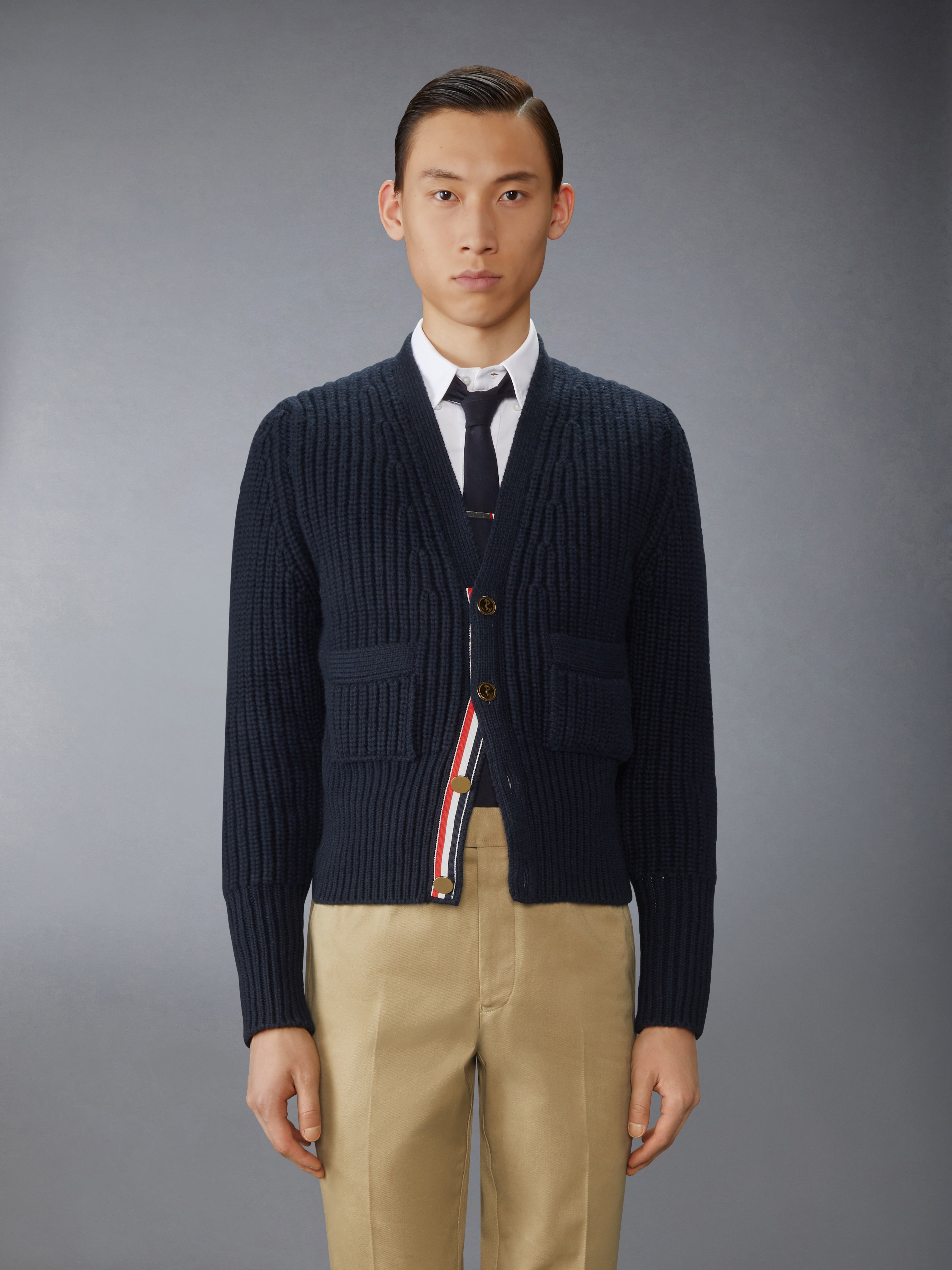 THOM BROWNE ネイビー カーディガン Cotton Crepe 4-Bar Milano Stitch Cardigan | Thom Browne