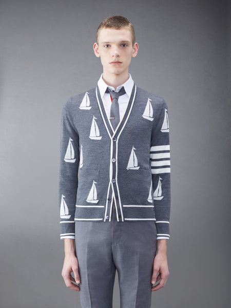メリノセイルボート 4バー Vネックカーディガン ミディアム グレー