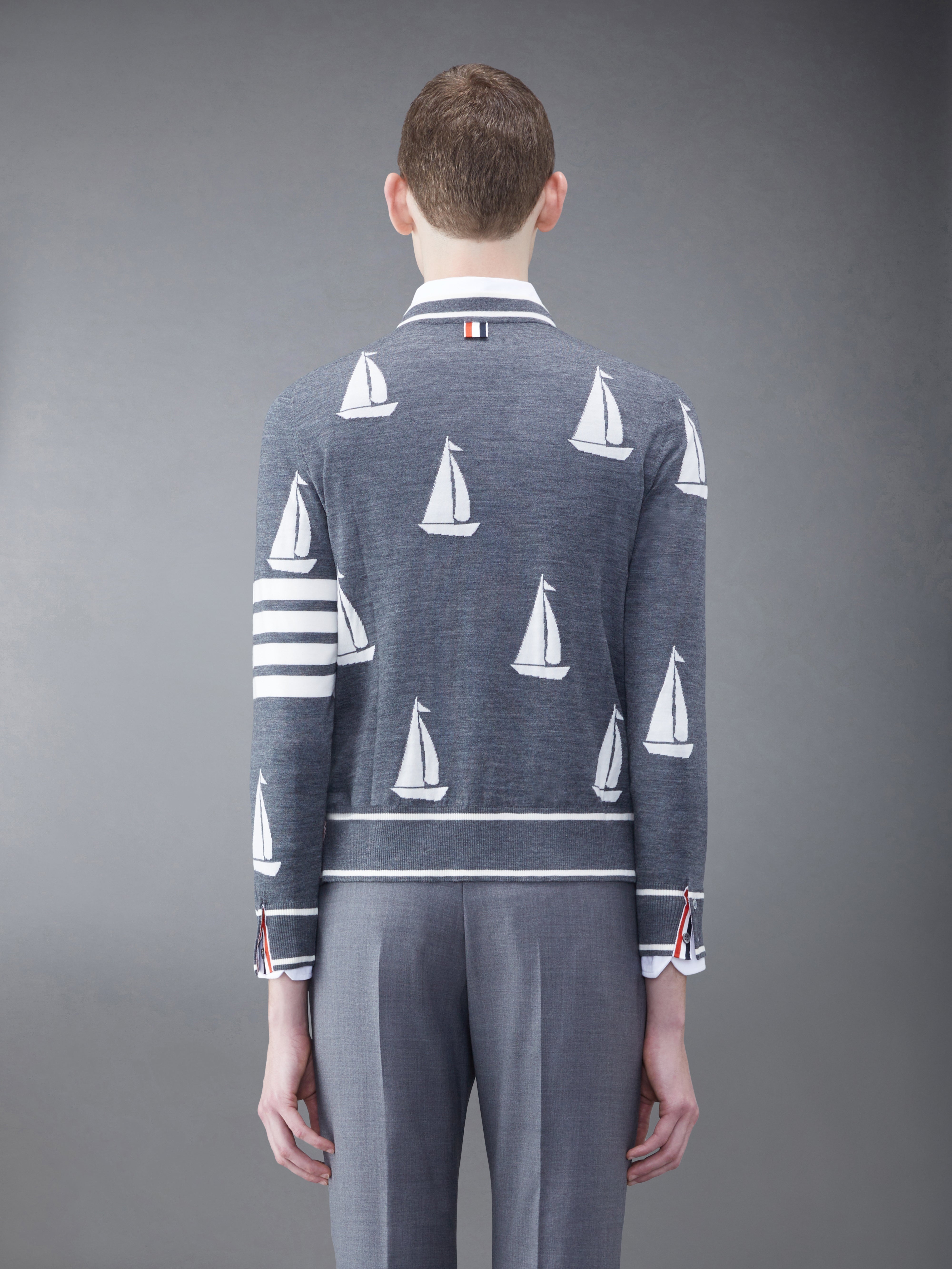 Merino Sailboat 4-Bar V-Neck Cardigan | Thom Browne