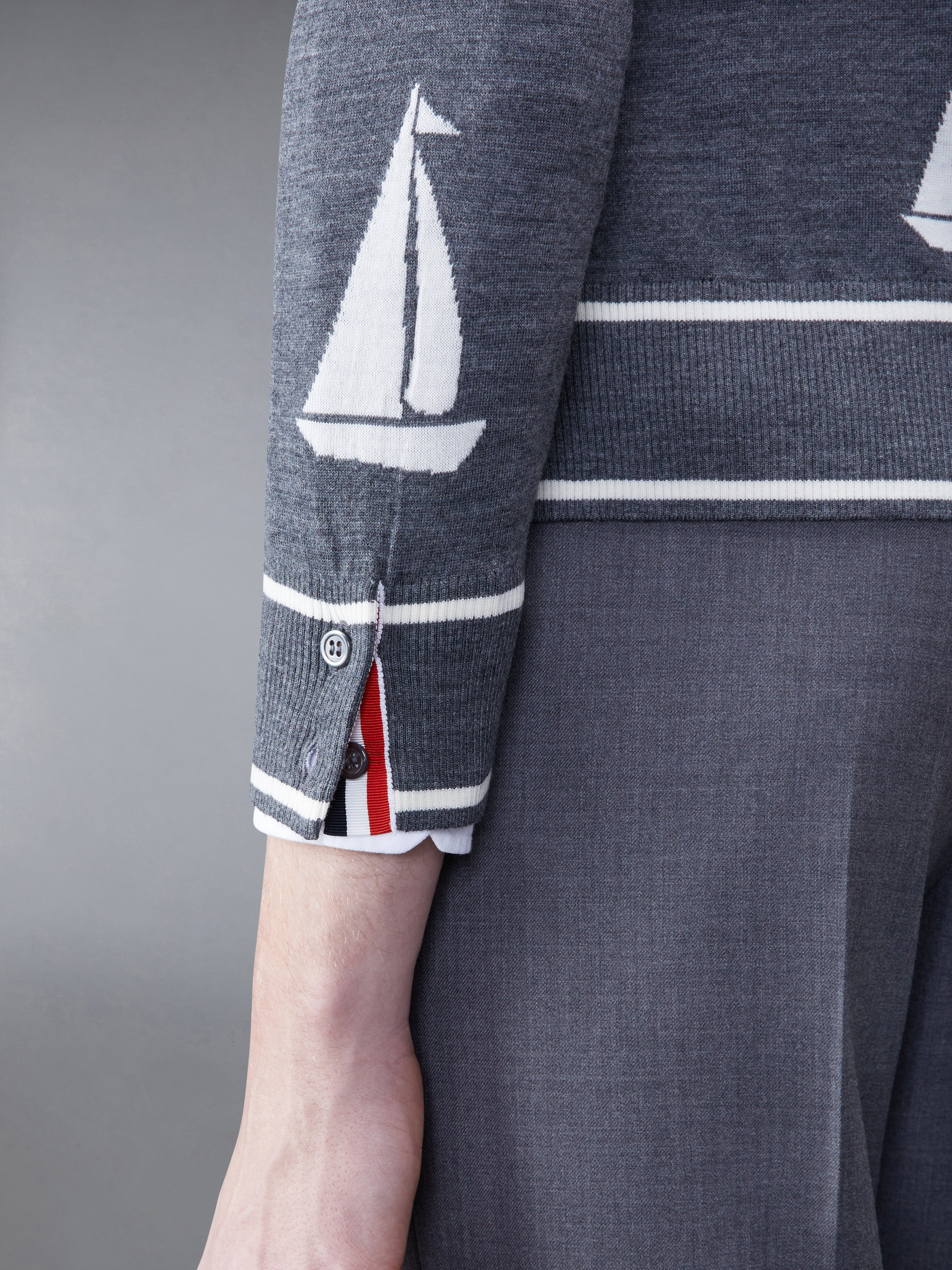 Merino Sailboat 4-Bar V-Neck Cardigan | Thom Browne Merino Sailboat 4-Bar V-Neck Cardigan | Thom Browne