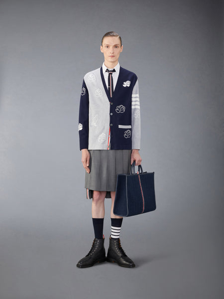 FUNMIX COTTON 4-BAR ROSE AND RAVEN CARDIGAN NAVY/GREY