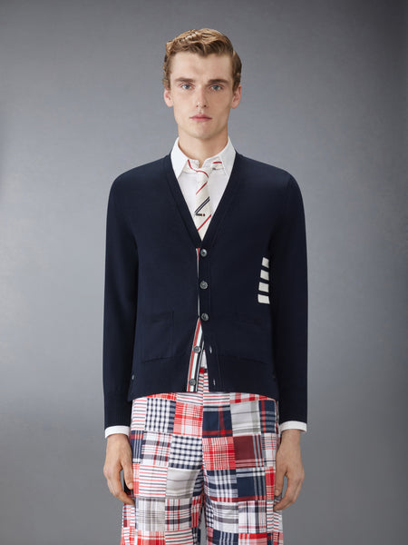 COTTON 4-BAR RELAXED FIT V NECK CARDIGAN NAVY