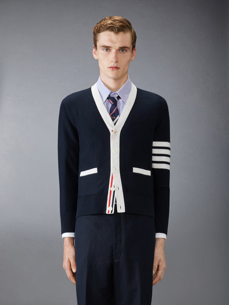 COTTON 4-BAR RELAXED FIT HECTOR V NECK CARDIGAN NAVY