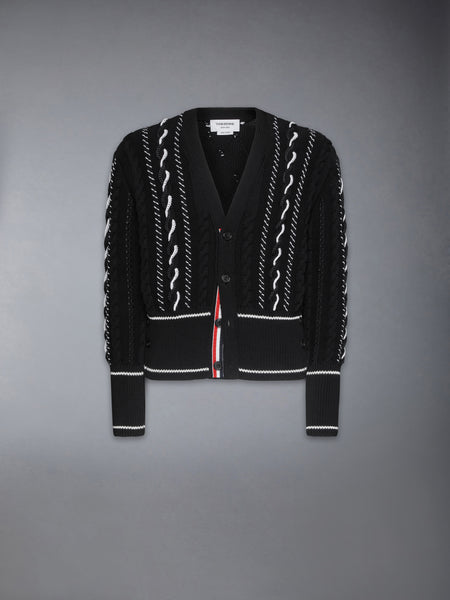 CLASSIC HAND CROCHET CABLE V NECK CARDIGAN BLACK