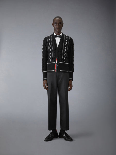 CLASSIC HAND CROCHET CABLE V NECK CARDIGAN BLACK