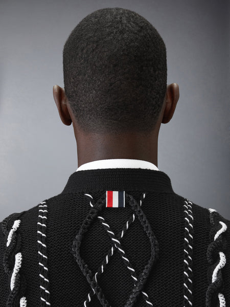 CLASSIC HAND CROCHET CABLE V NECK CARDIGAN BLACK