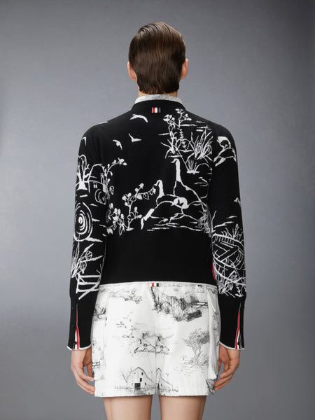 SCENIC JERSEY INTARSIA CASHMERE V NECK CARDIGAN