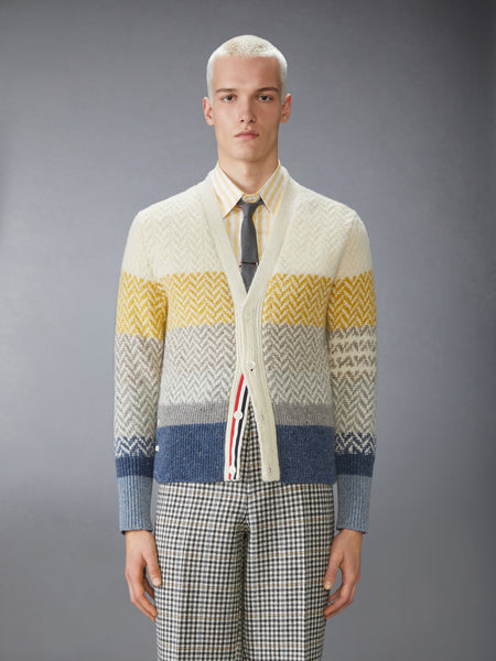 DONEGAL AND CUSHENDALE HERRINGBONE JACQUARD V NECK CARDIGAN MULTI