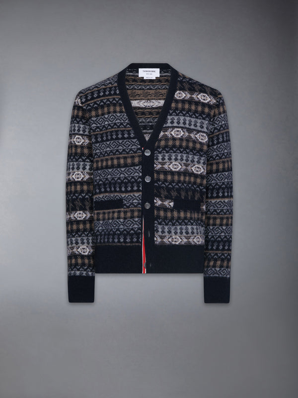 BRUSHED SHETLAND AND MERINO WOOL FUNMIX FAIR AILE JACQUARD V NECK CARDIGAN - featured image