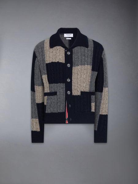 DONEGAL PATCHWORK INTARSIA MOCK NECK CARDIGAN