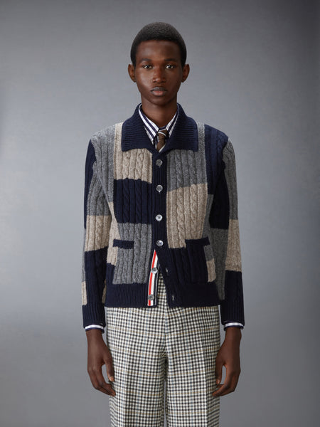 DONEGAL PATCHWORK INTARSIA MOCK NECK CARDIGAN