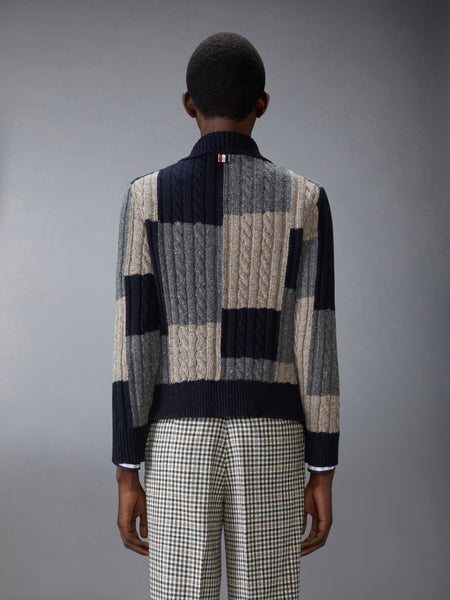 DONEGAL PATCHWORK INTARSIA MOCK NECK CARDIGAN