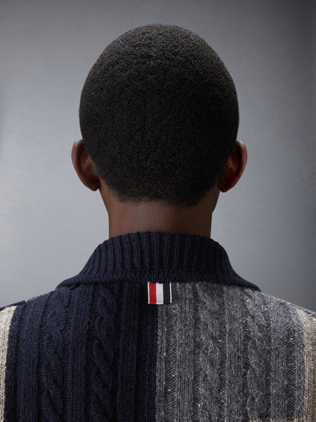 DONEGAL PATCHWORK INTARSIA MOCK NECK CARDIGAN