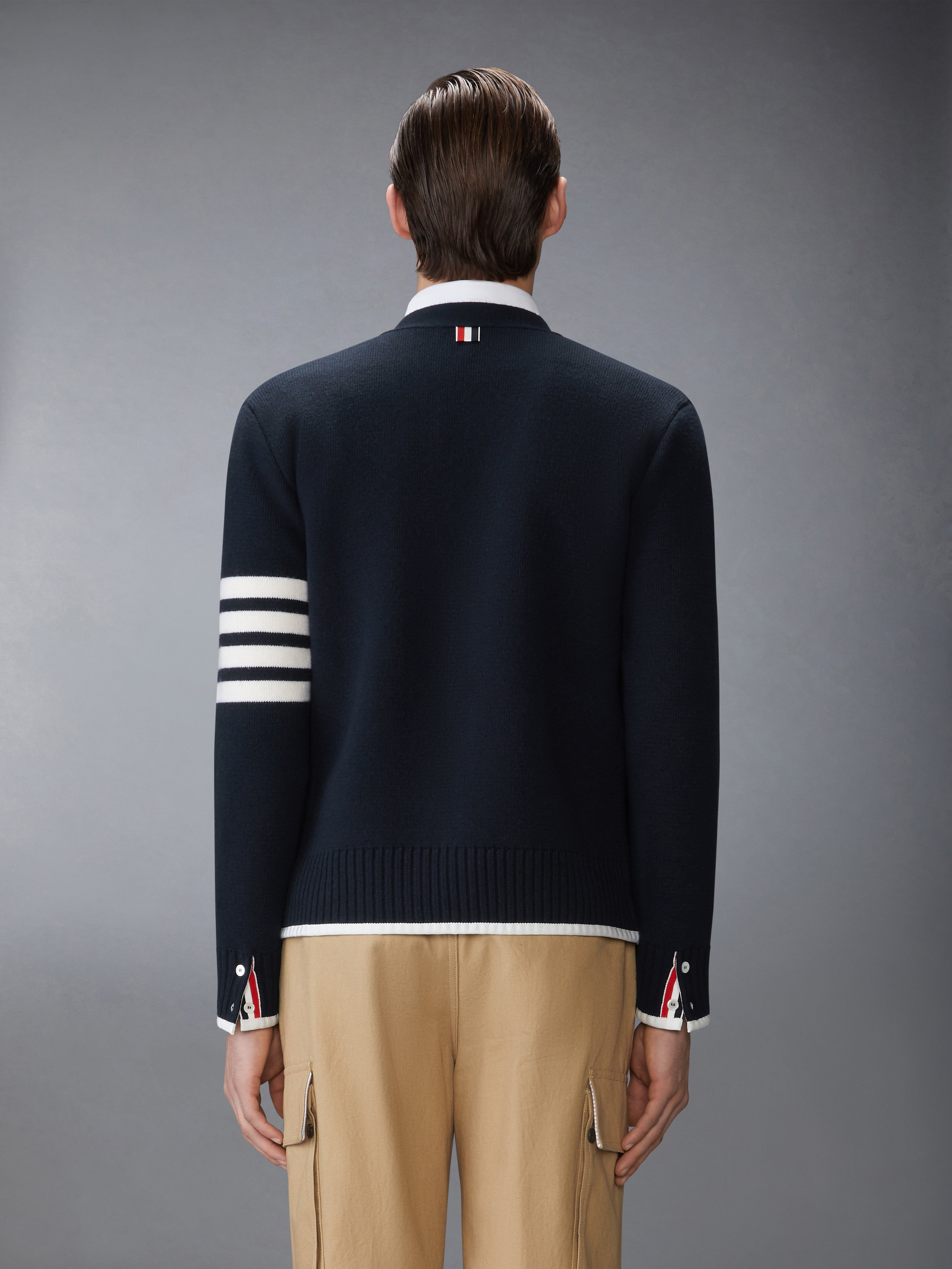 美品★カーディガン トリコロール THOM BROWNE 類似品 白 S ミラノ ステッチ メリノウール 4-BAR Vネック カーディガン