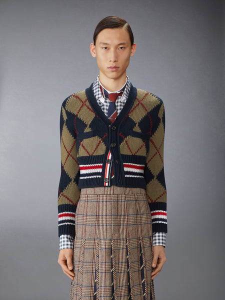 MERINO WOOL ARGYLE INTARSIA V NECK CARDIGAN
