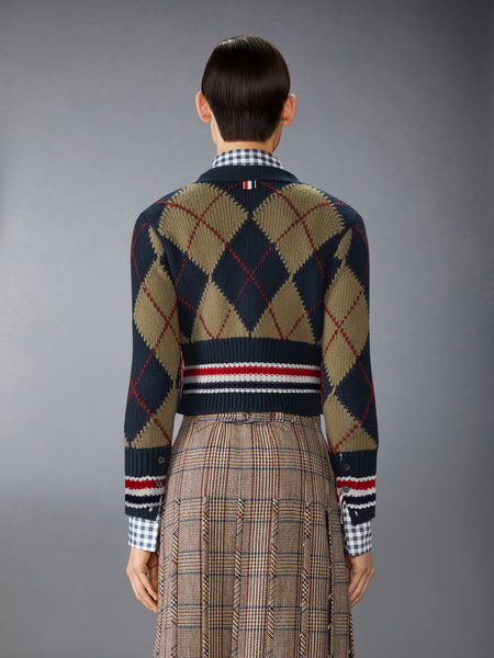 MERINO WOOL ARGYLE INTARSIA V NECK CARDIGAN