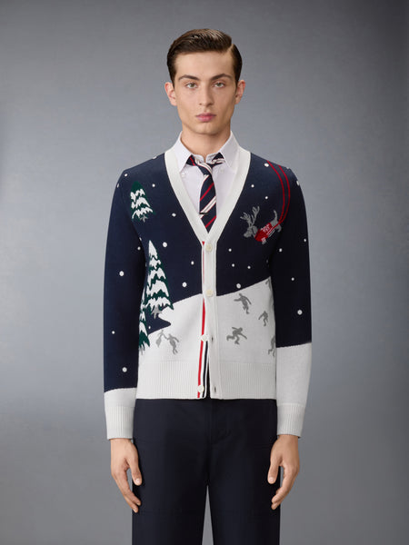 CASHMERE HOLIDAY SCENIC RELAXED FIT CARDIGAN NAVY/WHITE