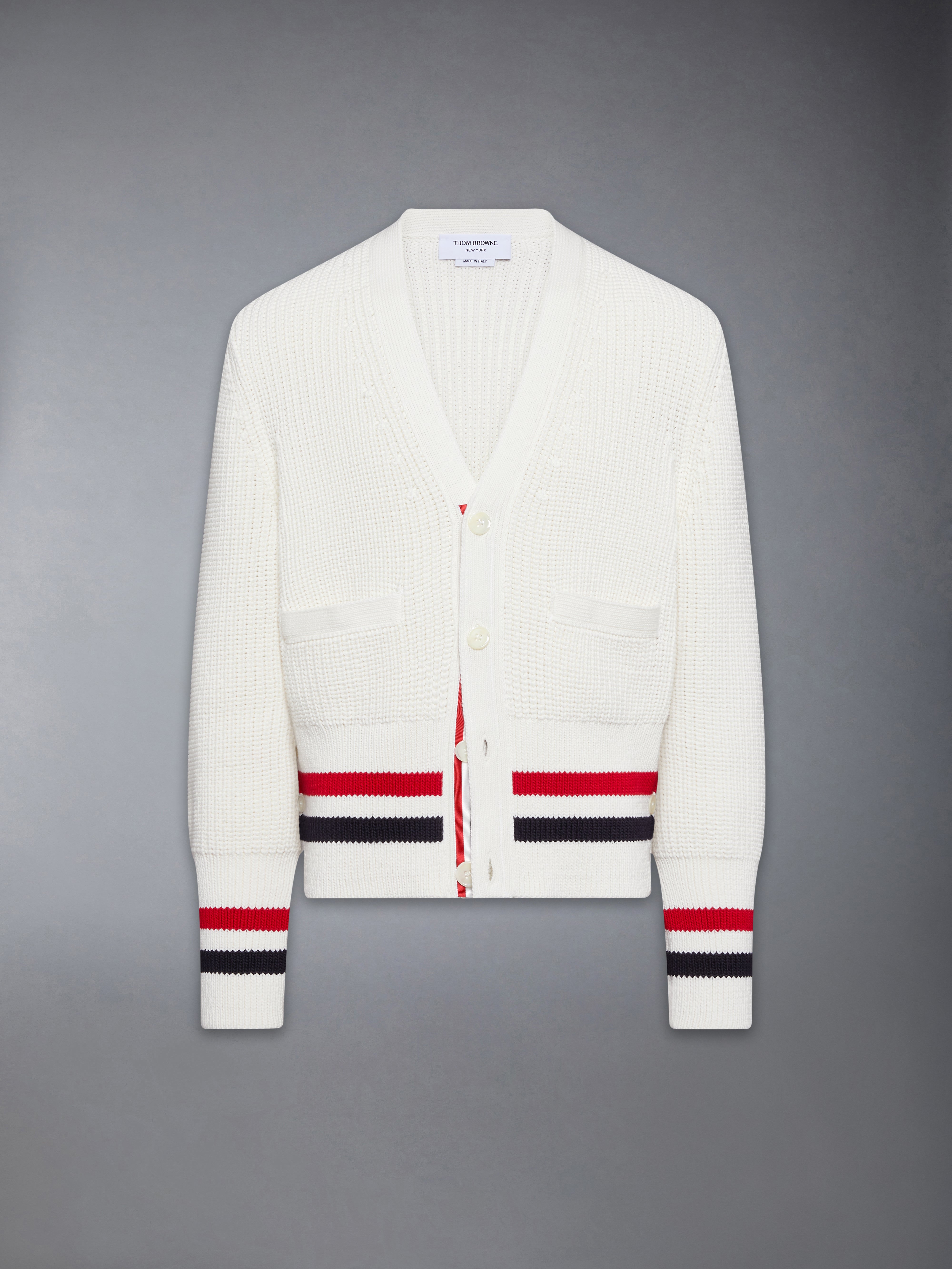 THOM BROWNE カーディガン　ホワイト　白 Half Cardigan Stitch Cotton Rwb Cardigan | Thom Browne