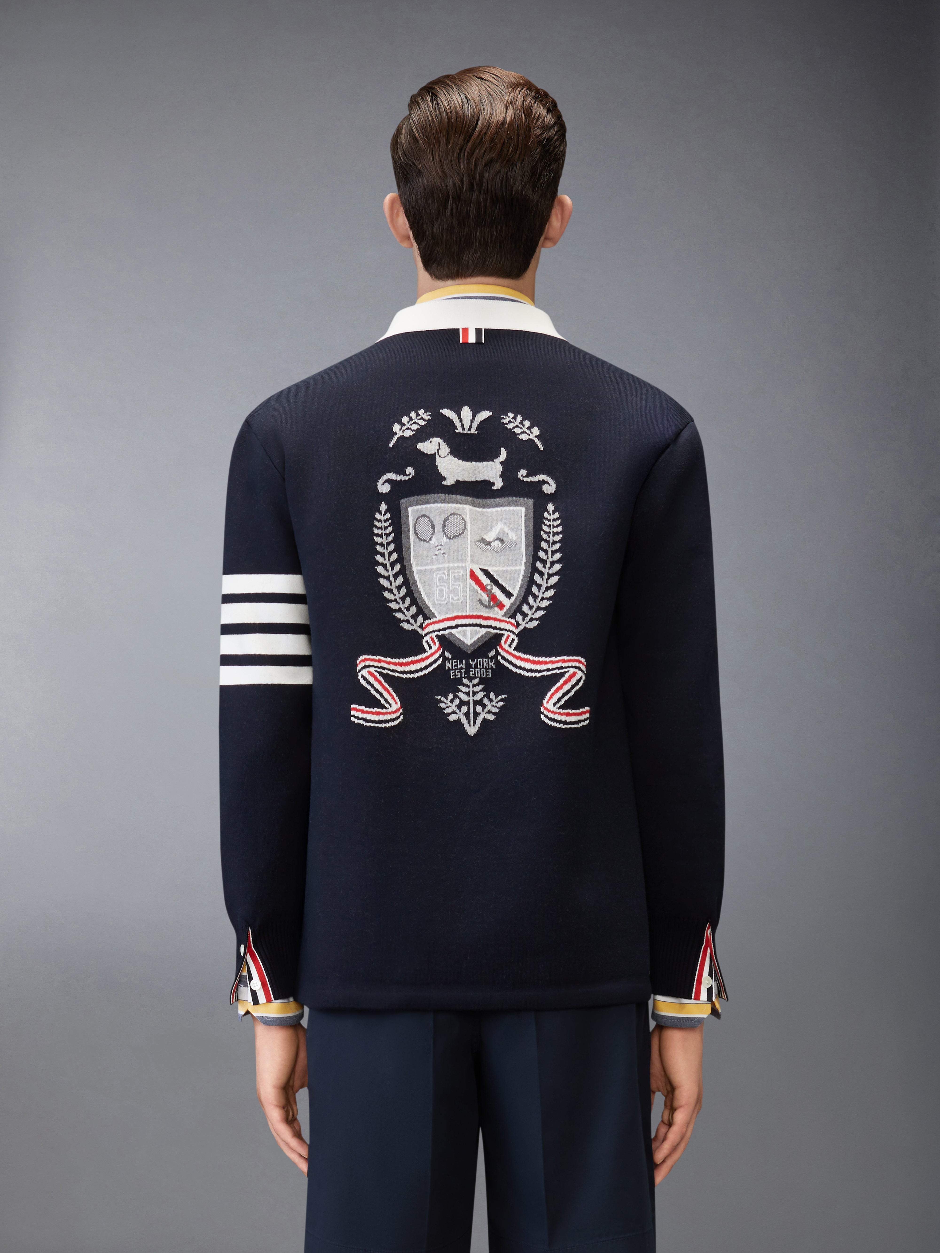 Crest Intarsia Jacquard 4-Bar Rugby Fit Cardigan | Thom Browne