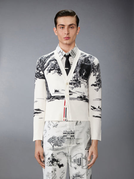 CASHMERE JERSEY INTARSIA HECTOR TOILE CARDIGAN WHITE