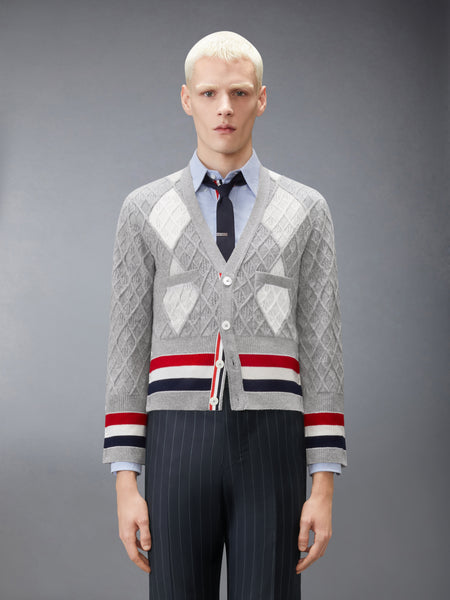 ARGYLE INTARSIA CASHMERE SHRUNKEN CARDIGAN LIGHT GREY