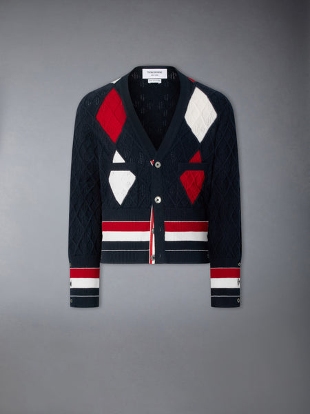 ARGYLE INTARSIA CASHMERE SHRUNKEN CARDIGAN NAVY