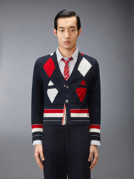 ARGYLE INTARSIA CASHMERE SHRUNKEN CARDIGAN NAVY