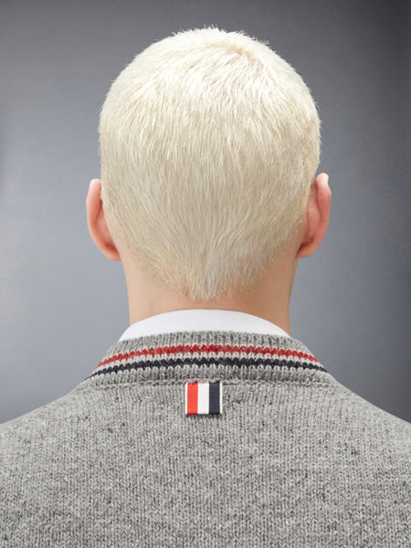DONEGAL INTARSIA HECTOR PATCHWORK CARDIGAN LT GREY
