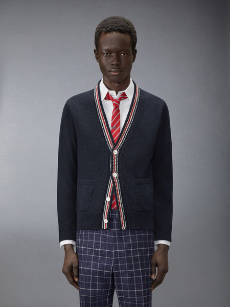 DONEGAL INTARSIA HECTOR PATCHWORK CARDIGAN NAVY
