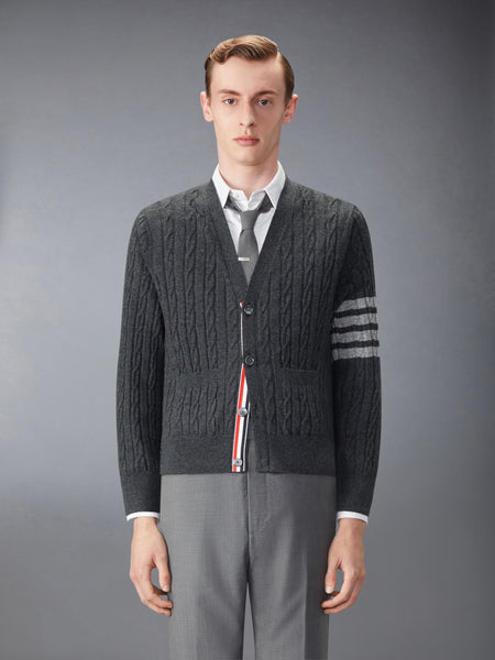 CASHMERE CABLE STITCH 4-BAR RELAXED FIT CARDIGAN DARK GREY