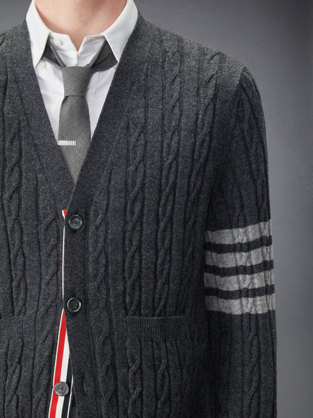 CASHMERE CABLE STITCH 4-BAR RELAXED FIT CARDIGAN DARK GREY