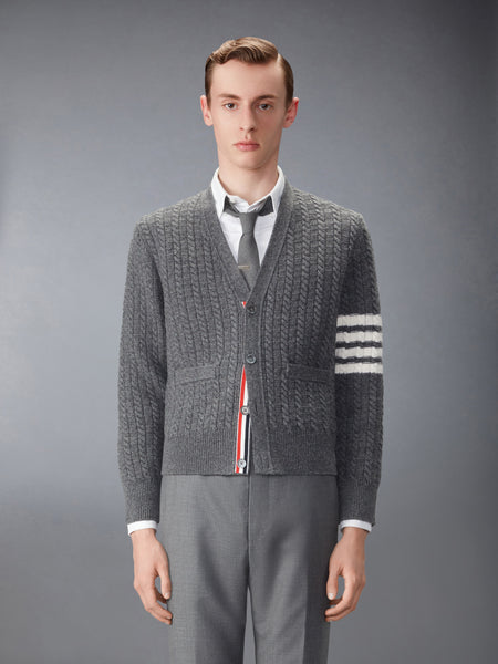 MERINO WOOL 4-BAR INTARSIA ANCHOR CARDIGAN MED GREY