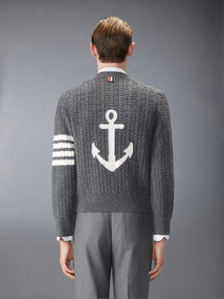 MERINO WOOL 4-BAR INTARSIA ANCHOR CARDIGAN MED GREY