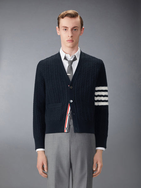 MERINO WOOL 4-BAR INTARSIA ANCHOR CARDIGAN NAVY