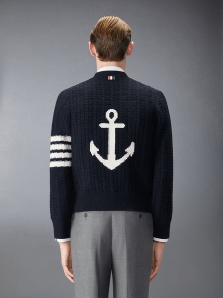 MERINO WOOL 4-BAR INTARSIA ANCHOR CARDIGAN NAVY