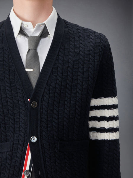 MERINO WOOL 4-BAR INTARSIA ANCHOR CARDIGAN NAVY
