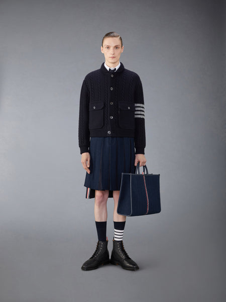 MERINO WOOL AND COTTON 4-BAR CABLE BOMBER JACKET NAVY