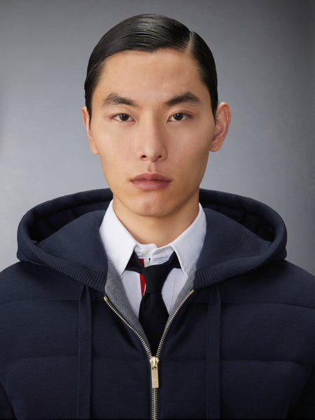 MERINO WOOL JERSEY STITCH PADDED 4-BAR ZIP UP HOODIE NAVY