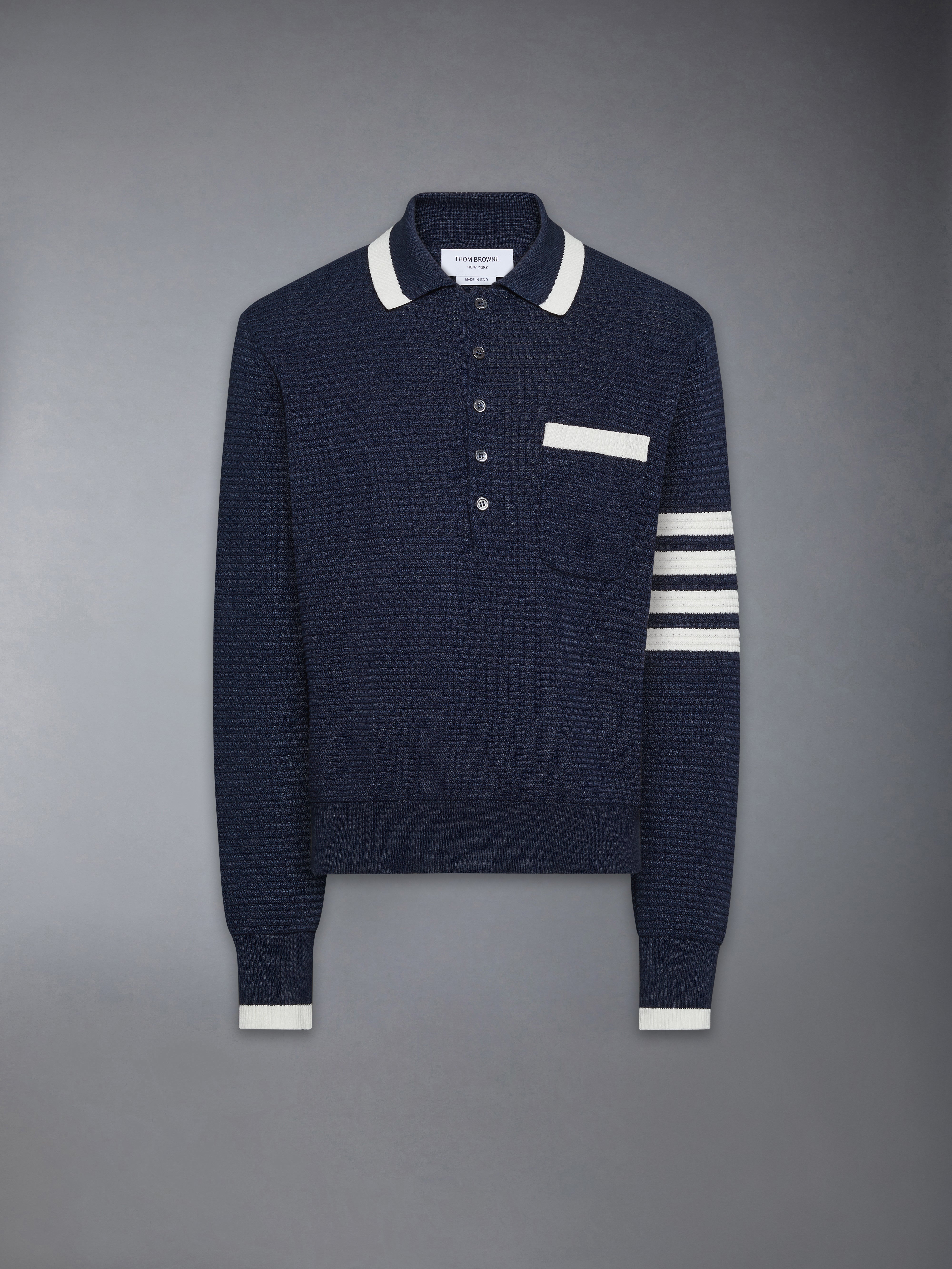 Textured Stitch 4-Bar Relaxed Long Sleeve Polo | Thom Browne