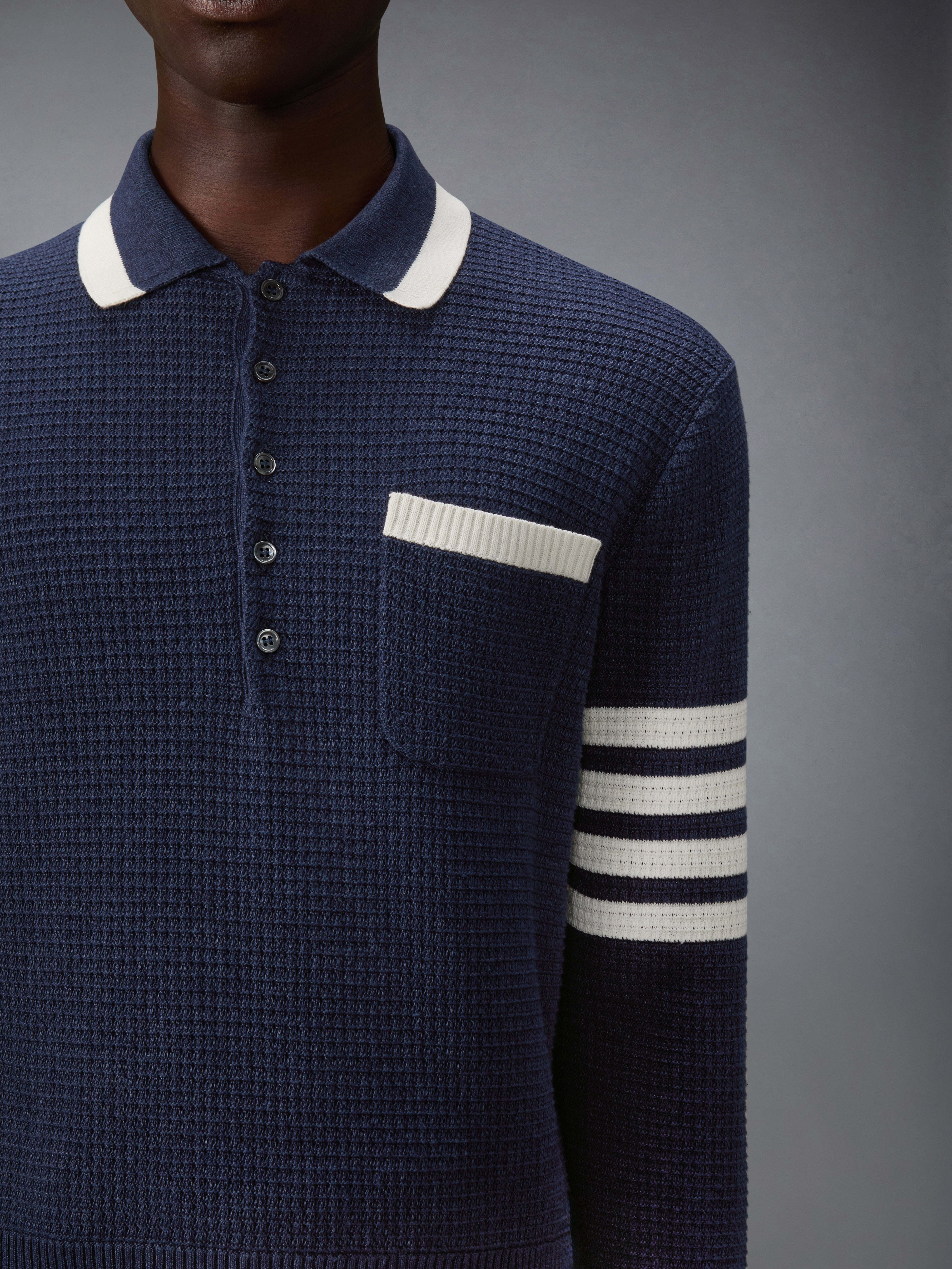 Textured Stitch 4-Bar Relaxed Long Sleeve Polo | Thom Browne