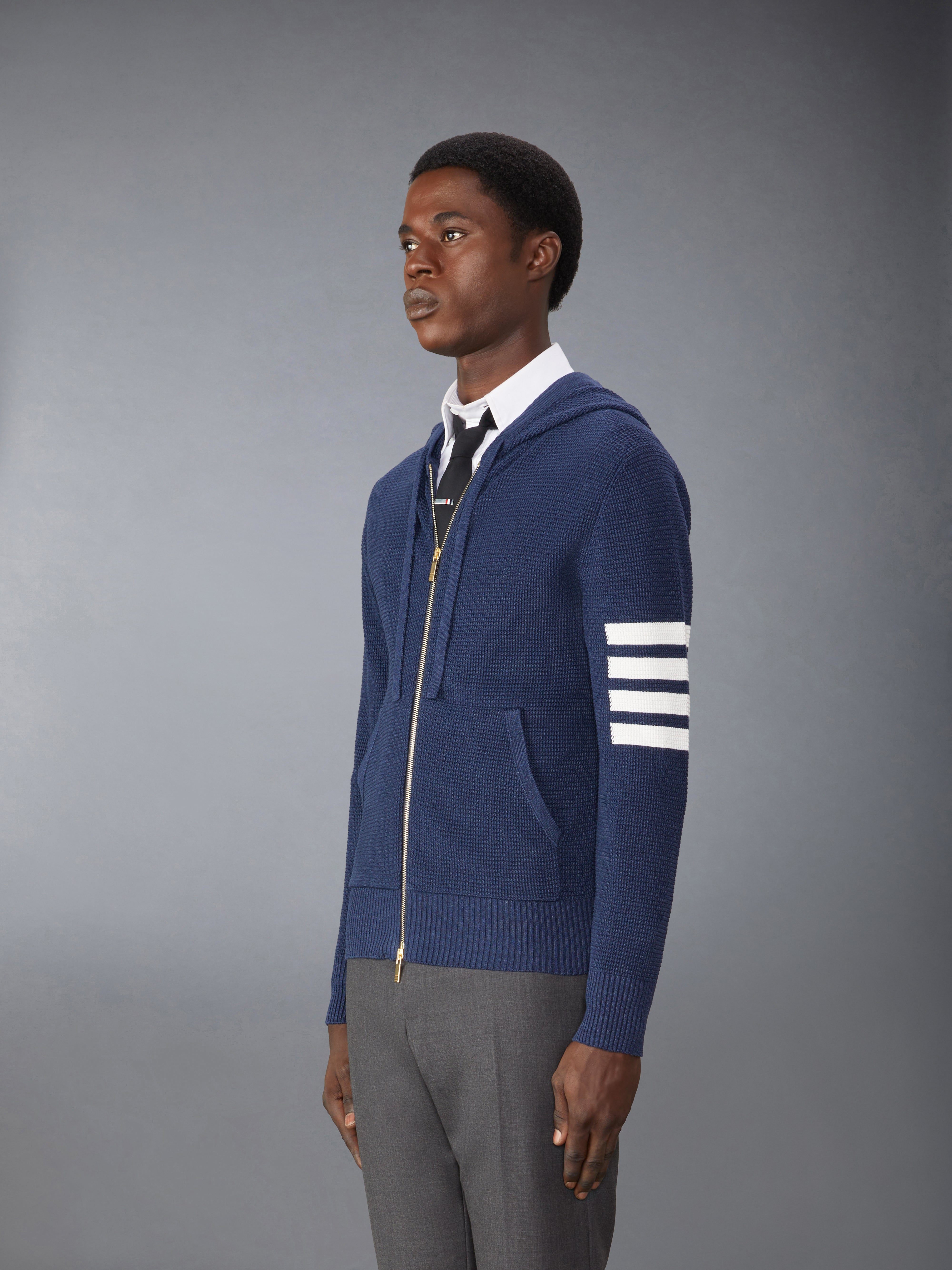 Linen Cotton 4 Bar Relaxed Fit Zip Up Hoodie | Thom Browne Linen Cotton 4 Bar Relaxed Fit Zip Up Hoodie | Thom Browne
