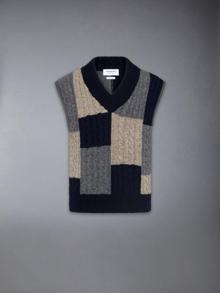 DONEGAL PATCHWORK INTARSIA V NECK VEST