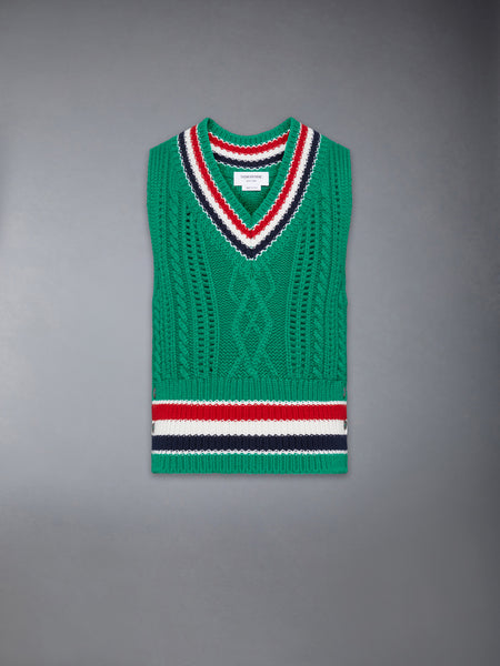 CHUNKY CASHMERE RWB STRIPE VEST MED GREEN