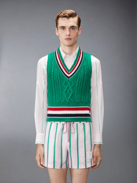 CHUNKY CASHMERE RWB STRIPE VEST MED GREEN