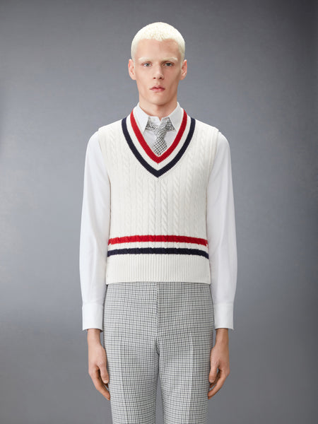 WOOL CRICKET RWB STRIPE BABY CABLE VEST WHITE