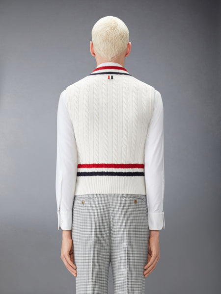 WOOL CRICKET RWB STRIPE BABY CABLE VEST WHITE