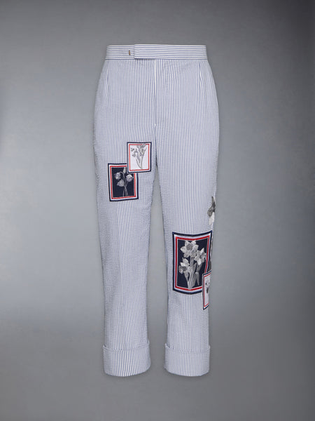 SEERSUCKER FRAMED FLORAL BACKSTRAP TROUSER NAVY
